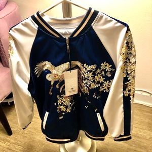 Brand new satin bomber jacket bird embroidery